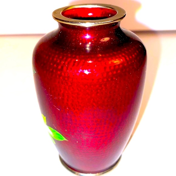 Japanese Ginbari Cloisonné Ando Sato Pigeon Blood Rose Vase - Picture 3 of 6